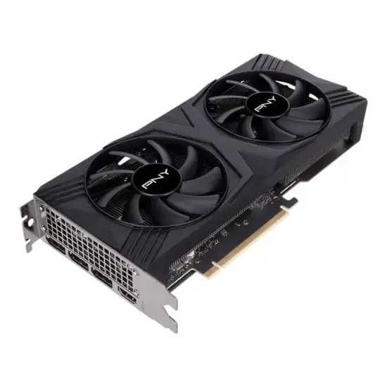 PNY GeForce RTX 4070 SUPER VERTO OC Dual Fan DLSS 3 12GB Graphics Card Angled View & Ports