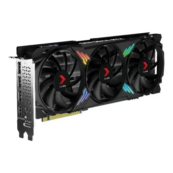 PNY NVIDIA GeForce RTX 4070 SUPER XLR8 Gaming VERTO EPIC-X RGB Triple Fan DLSS 3 OC 12GB Graphic Card Angled View & Ports