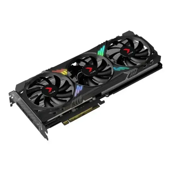 PNY NVIDIA GeForce RTX 4070 SUPER XLR8 Gaming VERTO EPIC-X RGB Triple Fan DLSS 3 OC 12GB Graphic Card Flat Angled View & Ports