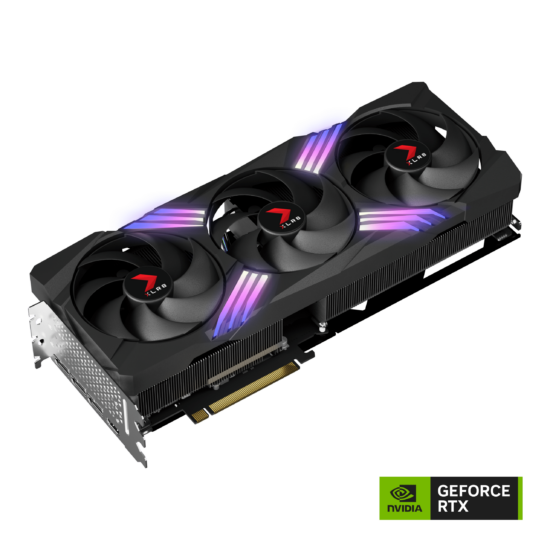 PNY GeForce RTX 4070 Ti 12GB XLR8 Gaming VERTO EPIC-X RGB Triple Fan DLSS 3 Graphic Card Angled View & Ports