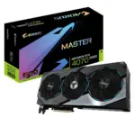 Gigabyte NVIDIA GeForce RTX 4070 SUPER AORUS MASTER 12GB GDDR6X Graphics Card Angled View & Box