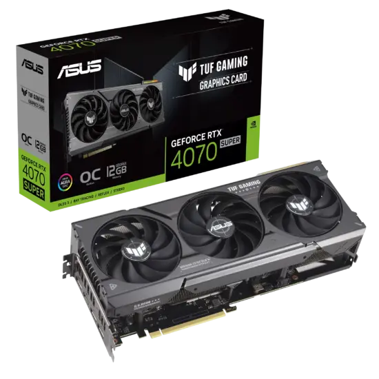 ASUS TUF GAMING NVIDIA RTX 4070 SUPER OC Graphics Card Top View & Box