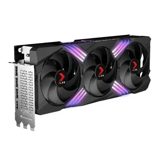 PNY NVIDIA GeForce RTX 4070 Ti SUPER XLR8 Gaming VERTO EPIC-X RGB Triple Fan DLSS 3 OC 16GB GDDR6X Graphics Card Angled View & Ports