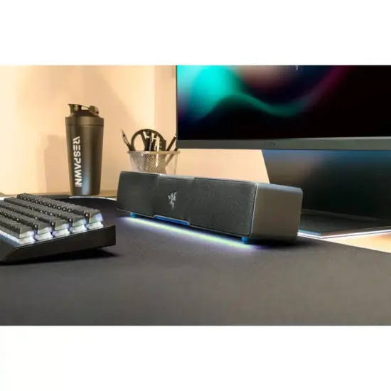 Razer - Leviathan V2 X RBG Soundbar Speaker Angled View Set Up